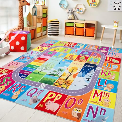 UKISS ABC Kids Rug,Toddler Educational Play Rug for Learning Alphabet, Numbers, Colors, Seasons and Animal Words,55x55Washable Classroom Area Rugs,Non-Slip Kids Play Mat Carpet for Playroom