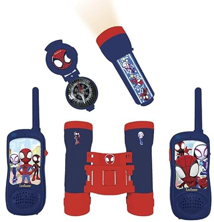 Lexibook Spidey e i Suoi straordinari Amici - Set Completo dell'avventuriero Spiderman, per Bambini, walkie-Talkie da 120 m, binocolo, Torcia, Bussola, Rosso/Blu, RPTW11SPLXB
