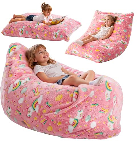 BRINJOY Kids Bean Bag Chair Bed, 3 in 1 Memory Foam Filled Bean Bag Sofa with Removable Cover for Playroom Daycare Bedroom, Toddlers Lazy Floor Mattress Lounger for Boys Girls, Glowing Rainbow