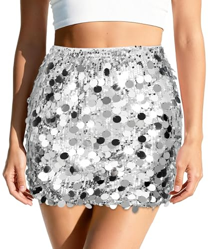XquiziFit Sequin Skirt Mini for Women Sparkly Glitter Sexy Micro Skirts Party or Nightlife Silver Medium
