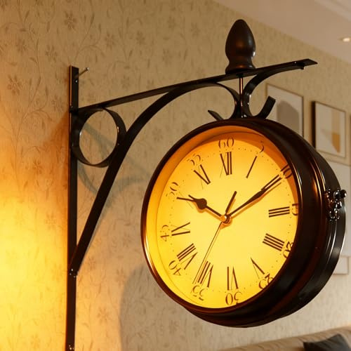 Horloge Murale Antique, Horloge rétro de Gare à Double Face pour Jardin extérieur, à Piles, Horloge Murale Double Face de Style européen (sans Piles)