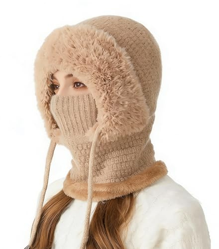 Youkly Gorro 3 en 1 para mujer, gorro de punto cálido de invierno con bufanda y máscara facial, pasamontañas de punto para mujer, resistente al viento, gorro de invierno para esquí al aire libre