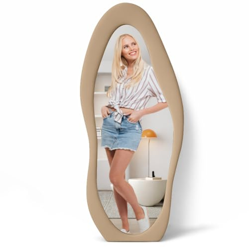Shally Dogan Specchio Ondulato Figura Intera con Rivestimento Cornice in Velluto Premium, Specchietto Grande Asimmetrico per Decorazione Casa, Ufficio, Negozio, 60 x 160 cm (Cachi)