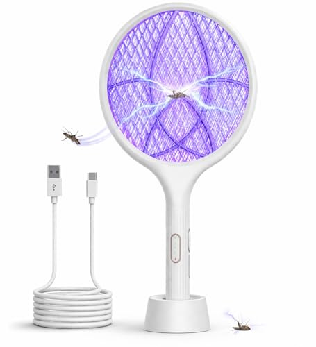 Racchetta Zanzare e Mosche Elettrica 4000V, 1500mAh, USB Ricaricabile e LED 2 in 1, Protezione Maglia a 3 Strati Adatto per Casa Giardino Campeggio Interni ed Esterni Bianco