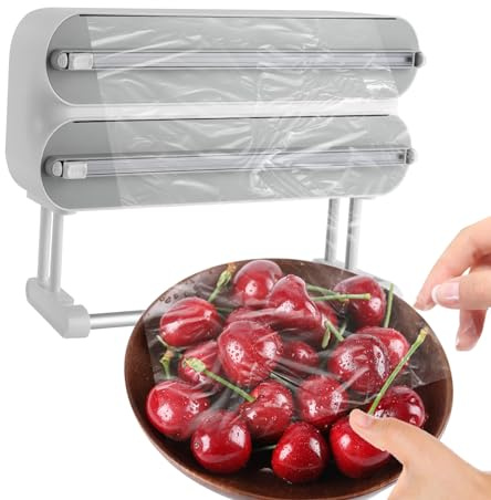 3-i-1 plastfoliedispenser med vasst blad, magnetisk köksrullehållare utan borrning för folie, aluminiumfolie och bakpapper (37,2 x 21,3 cm, grå)