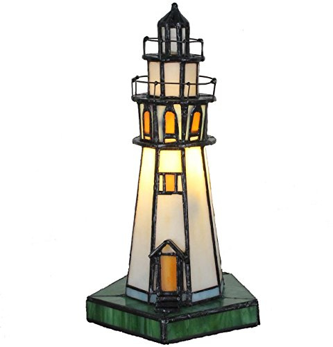 Bieye L30221 Lámpara de mesa decorativa estilo Tiffany de 10 pulgadas con diseño de faro para la decoración del hogar