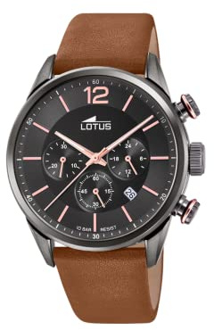 LOTUS Reloj Hombre Analógico de Acero Inoxidable y Cuero Marrón