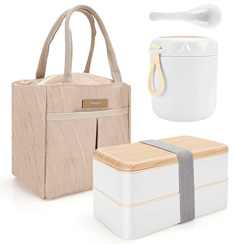 Achort bento box original Lunch Box Lunchbox Caja de Almuerzo 1200ML contenedor Bundle Divider con Taza de sopa 400ML con bolsa de almuerzo aislada con Cuchara y palillos (Blanco)