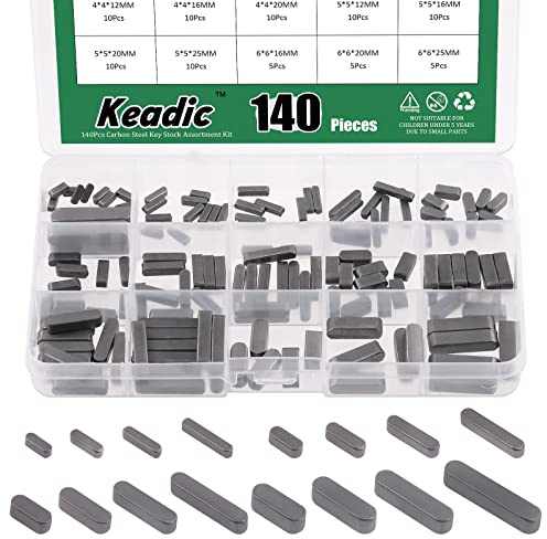 Keadic 140Pcs Carbon Steel Round Ended Parallel Drive Shaft Set, 8mm-30mm Professional Parallel Key Stock Pulley Feather Key for Fastening Connection