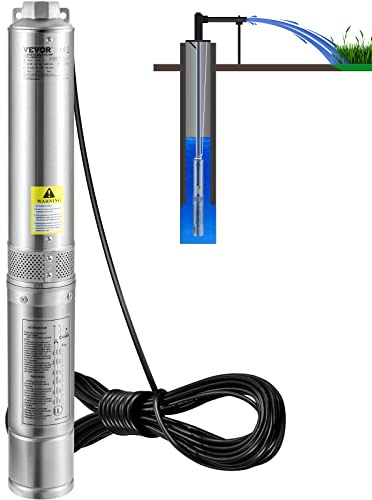 VEVOR Deep Well Submersible Pump, 3HP/2200W 230V/60Hz, 37GPM Flow 640 ft Head, with 33 ft Electric Cord, 4 inch Stainless Steel Water Pumps for Industrial, Irrigation & Home Use, IP68 Waterproof Grade