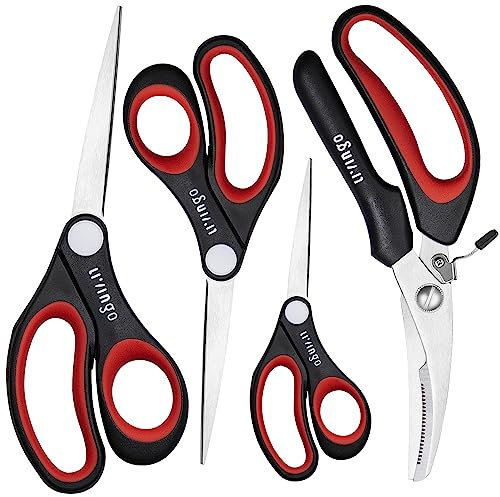 LIVINGO Universal Scissors Set - Forging Stainless Steel Soft Rubber Grip - 4 Pack of Multi-Purpose Sharp Shears: Cooking, Fabric, Paper Cutting, Crafts DIY - for Kitchen Home Office Middle School