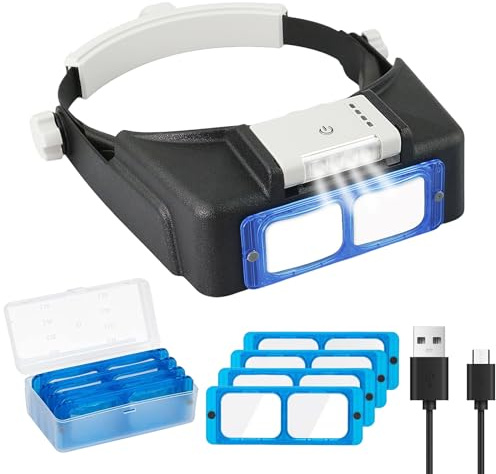 Headband Magnifier with Light，Rechargeable，Glasses for Close Work, 4 Lenses