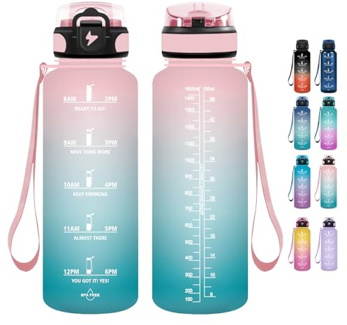 Grsta Borraccia - 1500ml - Borraccia Palestra senza BPA, con Cannuccia, Sportiva con Indicatore del Tempo Motivazionale, per Studio Fitness, Scuola, Ufficio - Rosa-ciano