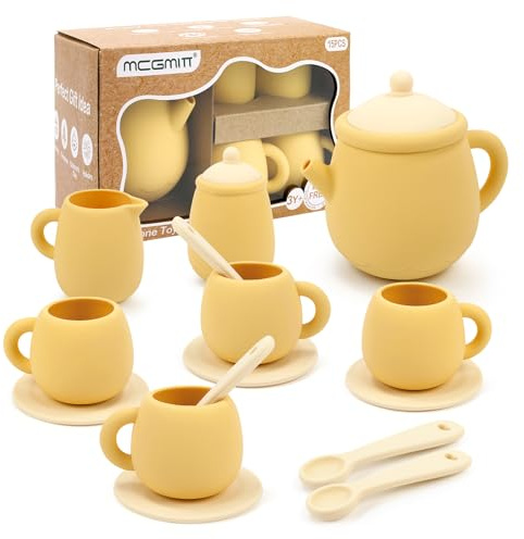 MCGMITT Toy Tea Set, Silicone Tea Party Set for Little Girls Boys, 15 Pcs BPA Free Dishwasher Safe Pretend Tea Set for Toddlers Kids Age 3-6, Non Breakable Cute Toy Kitchen Accessories for Children