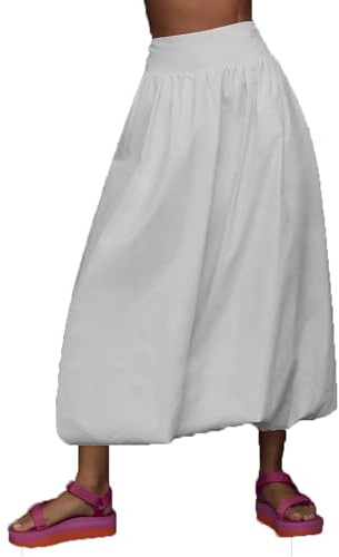 Acrawnni Women Y2k Bubble Maxi Skirt Low Elastic Waist Ruffle Pleated A-line Long Skirts Summer Beach Loose Fit Cute Puffball Balloon Skirt