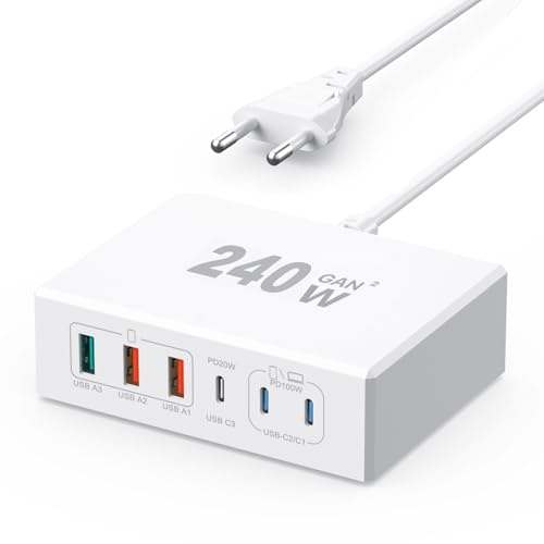 Chargeur USB C 240W, Chargeur USB Multiple, 6 Ports Chargeur Rapide Type C, PD3.0 100W Chargeur pour Ordinateur avec GaN Tech Compatible avec iPhone 15/14/13 Samsung Galaxy iPad SteamDeck