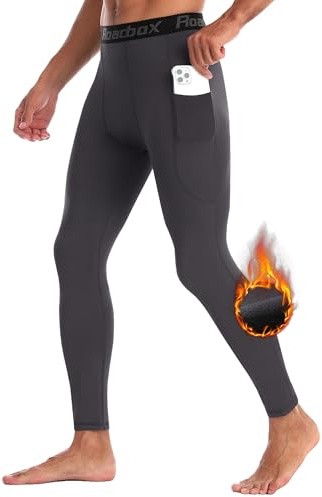 Roadbox Mens Compression Running Tights - Athletic Thermal Tight Pants Sports Warm Leggings Bottoms for Cold Weather Workout Dark Gray