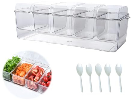 Bac à condiments glacé, 5 compartiments amovibles et 5 fourchettes, plateau de garniture transparent avec couvercle, bol de service à glace, récipients de service pour fruits, caddy, collation, sauce