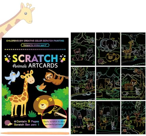 CEJAS 1 Pièce Livres d'art à Gratter, Carte a Gratter Enfant, Cadeaux d'art et d'Artisanat pour Enfants, Papier à Gatter pour Noël, Anniversaire, Fête, Thèmes Animaux