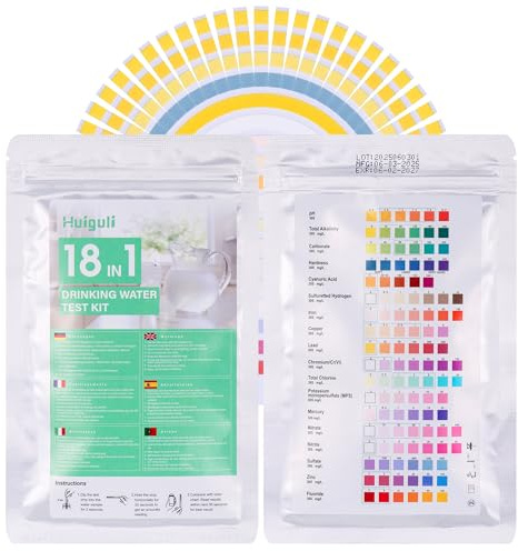Huiguli 50 Tiras de Prueba 18 en 1 para Piscina y Spa, Kit Análisis Agua Preciso para Medidor Cloro, pH, Alcalinidad y Dureza, Tiras Reactivas Rápidas