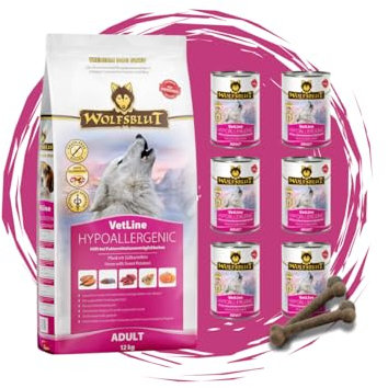 Wolfsblut Vetline Hundefutter - Hypoallergenic, 12kg + 6x395g - Sparbundel, Sparpaket - inklusive Warnicks Tierfutterservice Hundesnack Goodie