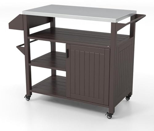 COSTWAY Outdoor Grill Cart, BBQ Movable Food Prep Pizza Oven Table with Storage Cabinet, Spice Rack, Shelves & Stainless Steel Top, Metal Portable Kitchen Island on Wheels for Grilling and Cooking
