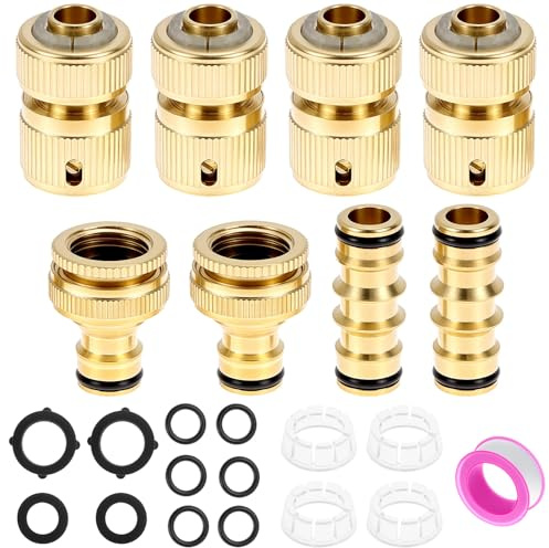QWORK® 8 Piezas Juego de Conectores rápidos de latón para Manguera de jardín,Incluye Accesorios de 1/2 y 3/4, conexión rápida, Conectores Macho Dobles y Accesorios.