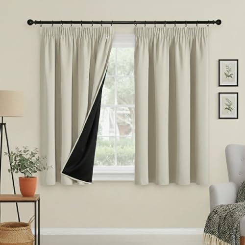 PONY DANCE 100% Blackout Thermal Insulated Curtains, 46x54, Light Beige | Pencil Pleat Rod Pocket Curtains for Bedroom and Living Room, 2 Panels, Noise Reduction, Light Blocking & Privacy Drapes
