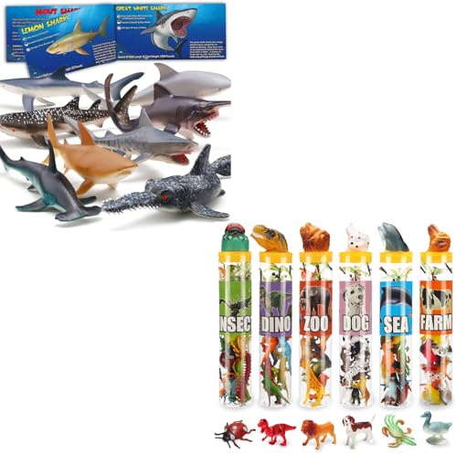 Yeonha Toys 8 Pcs Shark and 82 Pcs Mini Animal Toy Dinosaur Insect Jungle Animal Dog Figure Set