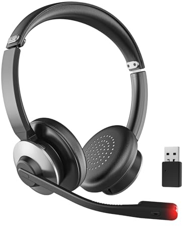 Bluetooth V5.3 Headset, Wireless Headset with Microphone, AI Noise Canceling Mic & Dongle, 26H Working Time & Mute Function, Wireless Bluetooth Headsets for Computer/Phone/Office/Call Center/Zoom