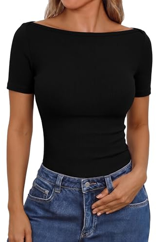Aottori Magliatta Donna Manica Corta Estive Elegante Maglia Scollo a Barca Costine Tee Shirt Elasticizzata Leggero Moda Sottogiacca Morbido Nero XXL