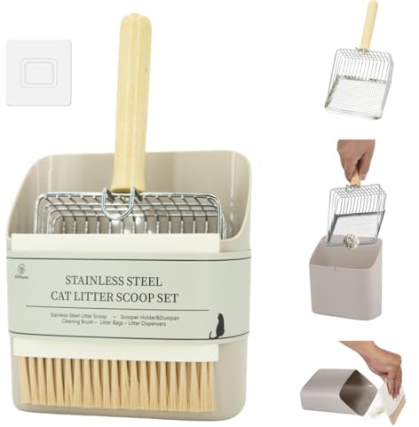 Vitisyao Cat Litter Scoop with Holder, Big Cat Litter Scoop with Built-in 2 Types of Gap, Metal Cat Litter Scooper with Holder - Portable Dustpan and Small Cleaning Brush