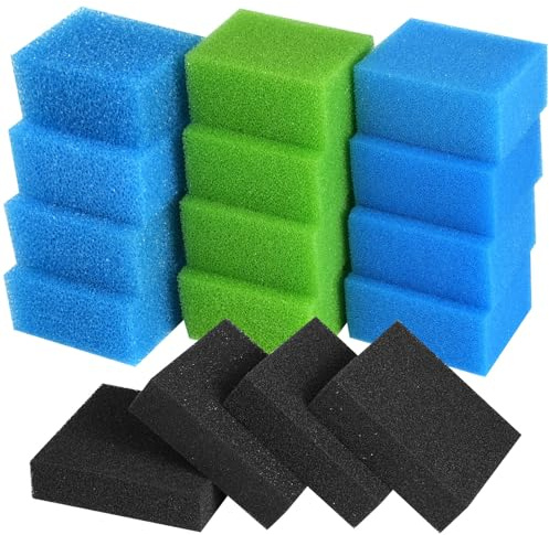 Lot de 16 éponges filtrantes pour aquarium compatibles avec Juwel Compact/Bioflow 3 m, filtres d'aquarium (bleu grossier/fin, vert biologique, charbon actif), réduction des nitrates, eau douce et