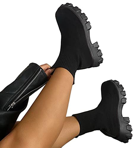 ORANDESIGNE Femme Bottes Courtes Tricotées Chaussures à Plateforme de Mode Bottines Tricotées de Couleur Unie Bottines Plateau Stretch Bottes à Enfiler Respirantes