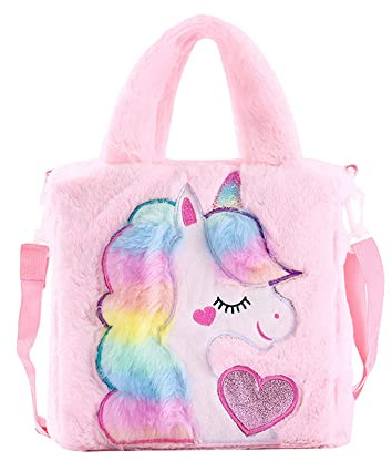 Ynredee Sacs à Main Licorne pour Enfants,Adorable sac à dos licorne en peluche, mini sac à dos pour filles et femmes, en peluche douce arc-en-ciel, Sacs à main roses