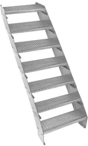 Metalltrappa 7-delad Justerbar Höjd 60 cm Bred Galvaniserat Stål Silver 7 Trappsteg Väderbeständig Gallertrapp Utomhusbruk Trädgård Terrass Modultrappa 5 mm Stångtjocklek GRATIS Monteringsset
