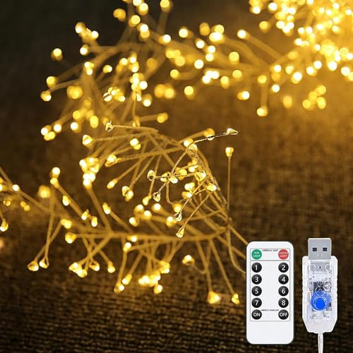 KINGCOO 12M 400LED Luci di Stringa Grappolo con Telecomando,Argento Filo Fuoco d'artificio Fate Catena Luminosa USB Alimentato per Giardino Matrimoni Esterno Interno Festa Natale (Bianco caldo)