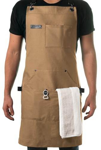 Asaya Chef & BBQ Apron with Pockets - Cross Back Canvas Cooking Apron for Women and Men, Adjustable Work & Grilling Aprons with Pocket, Bottle Opener and Hand Towel, 10oz Cotton Canvas (Tan)