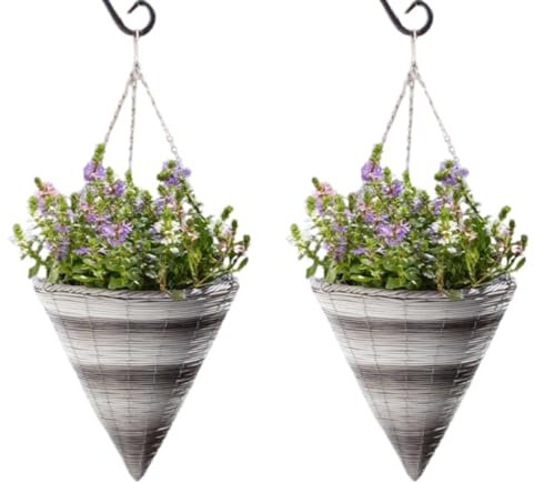 Garden Mile Garden Hanging Flower Basket 14'' Rattan Effect Cone Plant Holder Outdoor Plant Pot Planter with Hanging Chain Wicker Basket Planter Pre- Lined for Easy Planting (2)