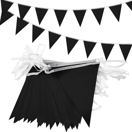 ADQUATOR 20m 52pcs Black Bunting, Reusable Waterproof Polyester Fabric Bunting Banner for Home,Outdoor,Garden and Black Party Decorations