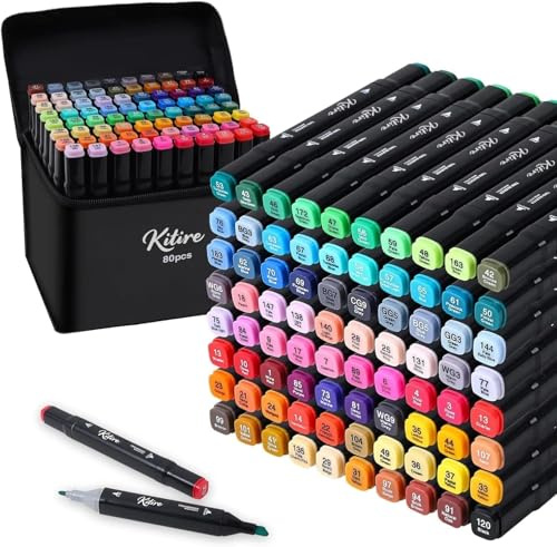 Kitire 80 Alcohol Markers Set, Quick Drying Dual Tip Colouring Pens for Adults, Permanent Art Felt Tip Pens for Coloring Book, Drawing Graffiti, Manga Artists, Painting, Anime, Sketching