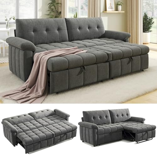 Jocisland 93” 4-in-1 Convertible Sofa Bed, Full Size Cloud Sleeper Sofa, Tufted Chenille, 5-Position Adjustable Backrest, 10-Minute Tool-Free Assembly, Couches for Living Room Guest Room, Gray