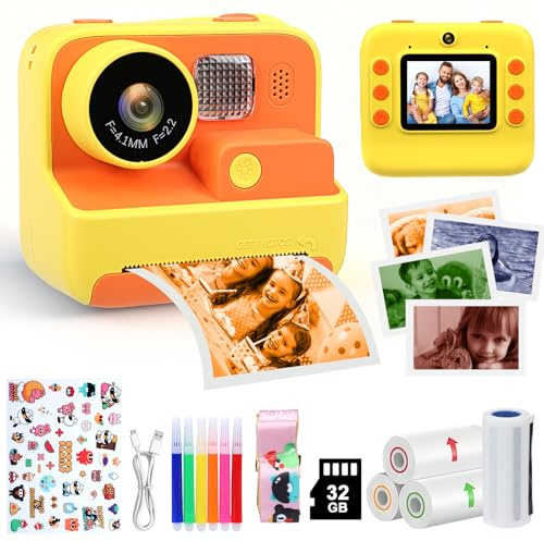 Appareil Photo Couleur instantané pour Enfants, 2.4 Écran Appareil Photo Enfant avec Carte 32G & Papier Photo, 1080P Vidéo Caméra Enfant, Noël Anniversaire Cadeau pour Filles Garçons 3-10 Ans