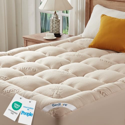 BEDLORE Surmatelas 140x200 cm, sur Matelas 2 Personne en Viscose de Bambou | Respirant, Doux et Rafraîchissant, Grand Bonnet Extensible Jusqu’à 30 cm, Certifié Oeko-Tex, Lavable en Machine, Beige