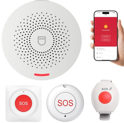 XUK Boton Emergencia Ancianos WiFi Compatible con Tuya – Avisador Personas Mayores Inalámbrico e Impermeable con 1 Receptor, 1 botón Redondo, 1 botón Cuadrado y 1 Pulsera de Alarma, Volumen Ajustable