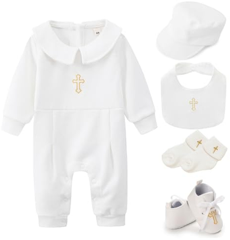 Joygoodta Tenue de baptême bébé garçon, tenues de baptême pour garçons tenue garçon en coton doux avec chapeau, bavoir, chaussettes, chaussures à manches longues costume blanc 73