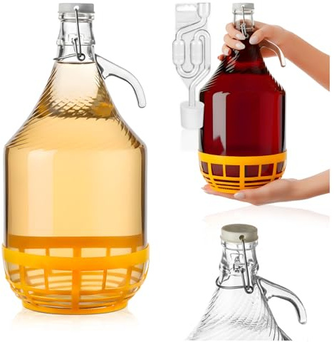 SUPERBUTELKI.PL Palloncino in vetro Dame da 5 l nel cestino, per vino e liquori, con tappo e tappo Ø 29/33 (1 x 5 l con tubo di fermentazione)