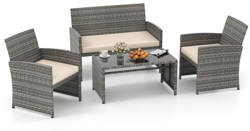 SOARS Set Mobili da Giardino in Rattan PE, Divano a 2 Posti e 2 Poltrone con Cuscini Comfort, Tavolino con Piano in Vetro, Arredo da Esterno per 4 Persone per Patio, Balcone, Cortile (Grigio+Bianco)