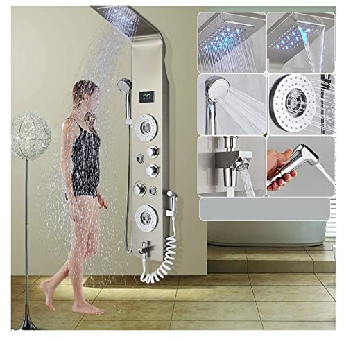 Digitalt duschsystem, Svart LED-duschpanel Sex funktioner Vattenfall duschpanel Badrumskran Badrum SPA Massage Jet Badkar Mixer Massagespruta LED-display duschkontroll(8006 Brushed Niclel)
