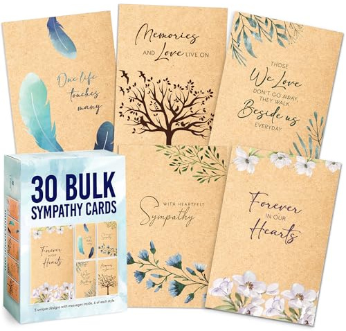 T MARIE 30 Sympathy Cards Assortment Box with Envelopes - 4x6” Kraft Style Bulk Condolence Cards - Assorted Sympathy Cards With Heartfelt Messages Inside for Funeral